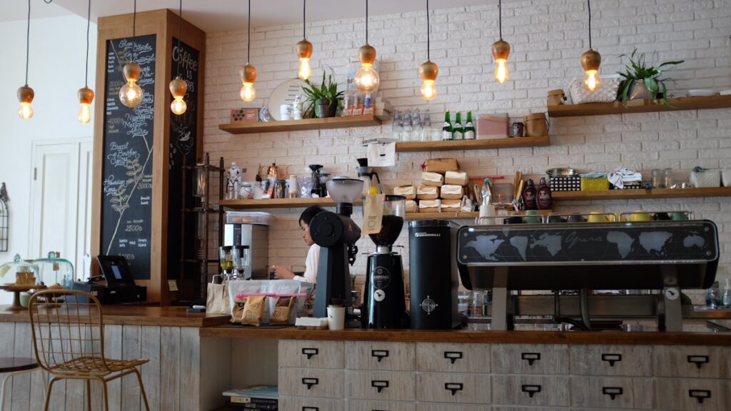 Modern cafe interior with coffee counter