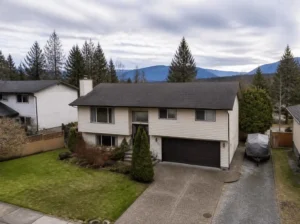 White suburban home with mountain view
