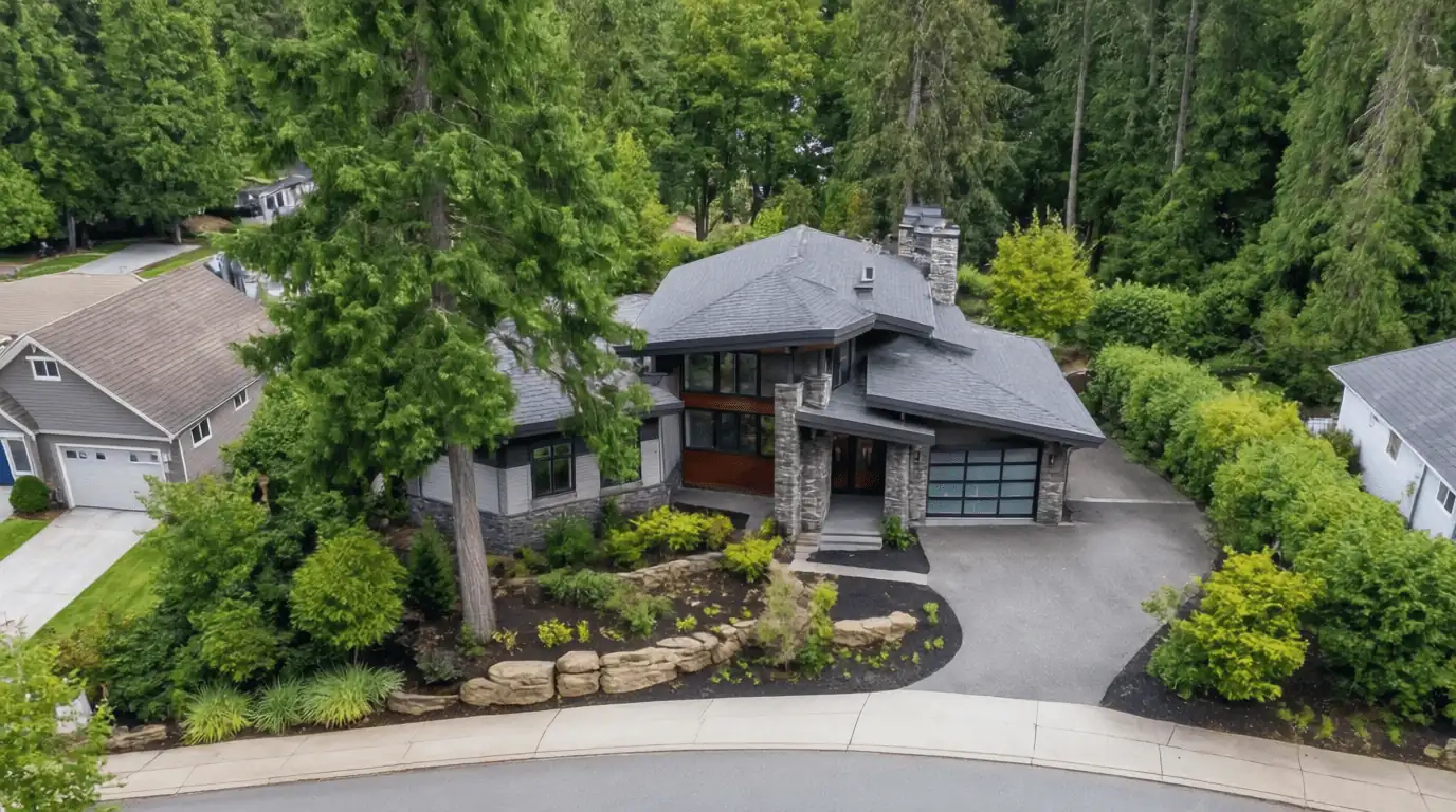 Aerial view of luxury forested Vancouver home
