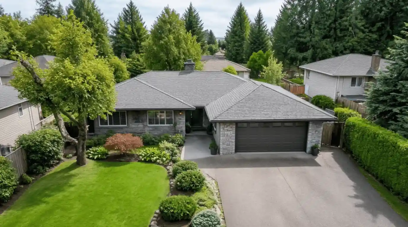 Aerial view of landscaped Burnaby bungalow