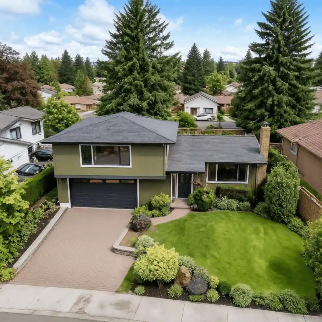 Aerial view of landscaped Burnaby family home