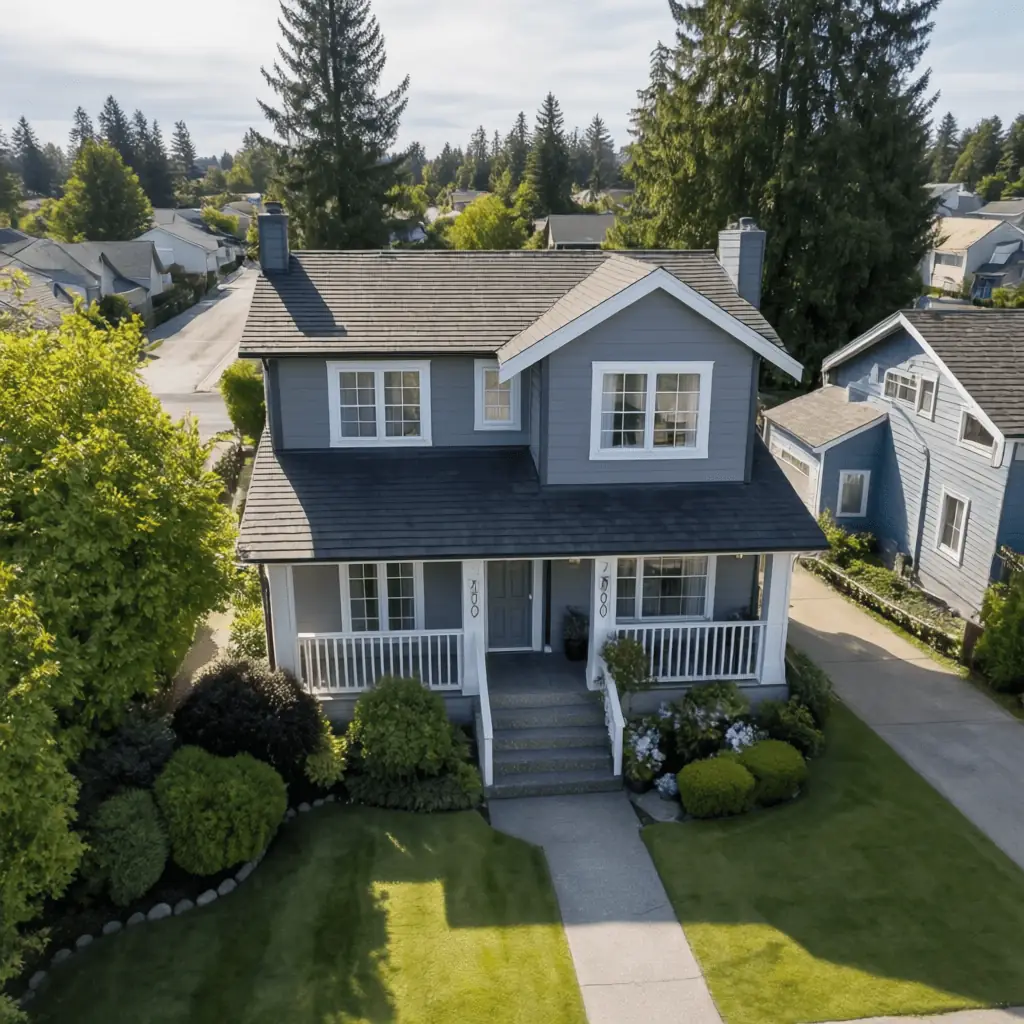 Aerial view of grey Burnaby family home