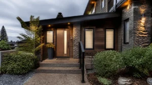 Modern separate suite entrance with landscaped pathway and lighting