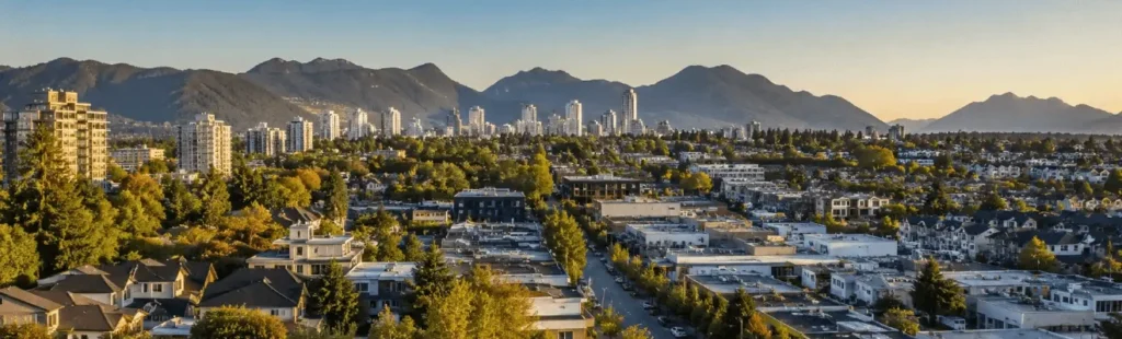 Burnaby skyline overlooking residential neighborhood and mountains