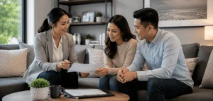 Realtor reviewing home purchase documents with buyers