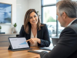 Realtor explaining Burnaby market trends to homeowner
