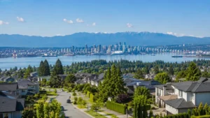 Wide view of Capitol Hill in Burnaby with residential streets, homes, and views toward Vancouver and the North Shore Mountains