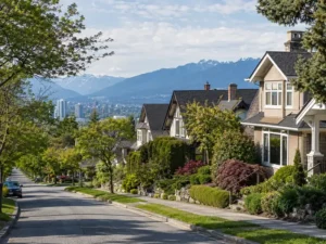 Residential street in Capitol Hill Burnaby with detached homes, trees, and a calm neighborhood atmosphere