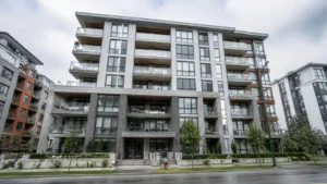 Modern studio apartment building with balconies and windows