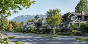 Leafy Vancouver neighborhood with homes and mountains