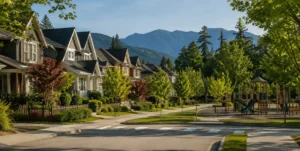 Leafy Burnaby neighborhood with homes and playground