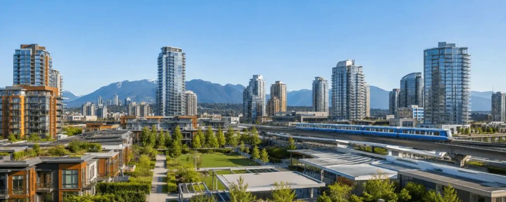 Burnaby condominiums beside SkyTrain and mountain views